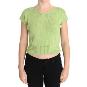 PINK MEMORIES Lime Green Knit Short Sleeve VNeck Top Women Green Sweaters